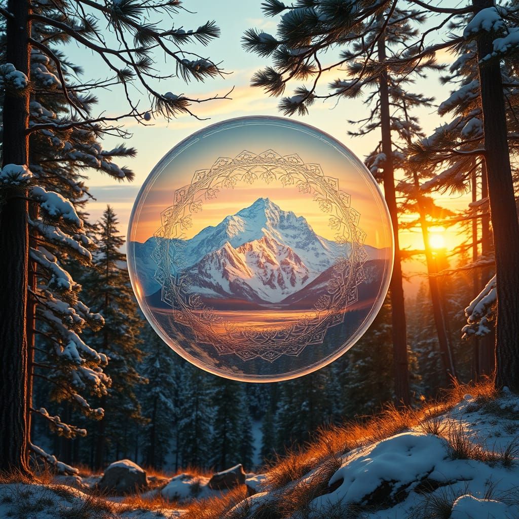 Crystal Orb Sunset: Art Nouveau Forest Scene