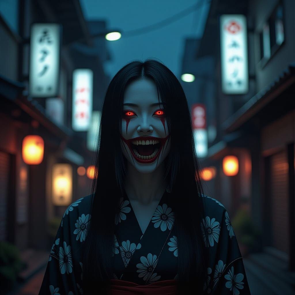 Kuchisake-onna in Dark Urban Fantasy Scene