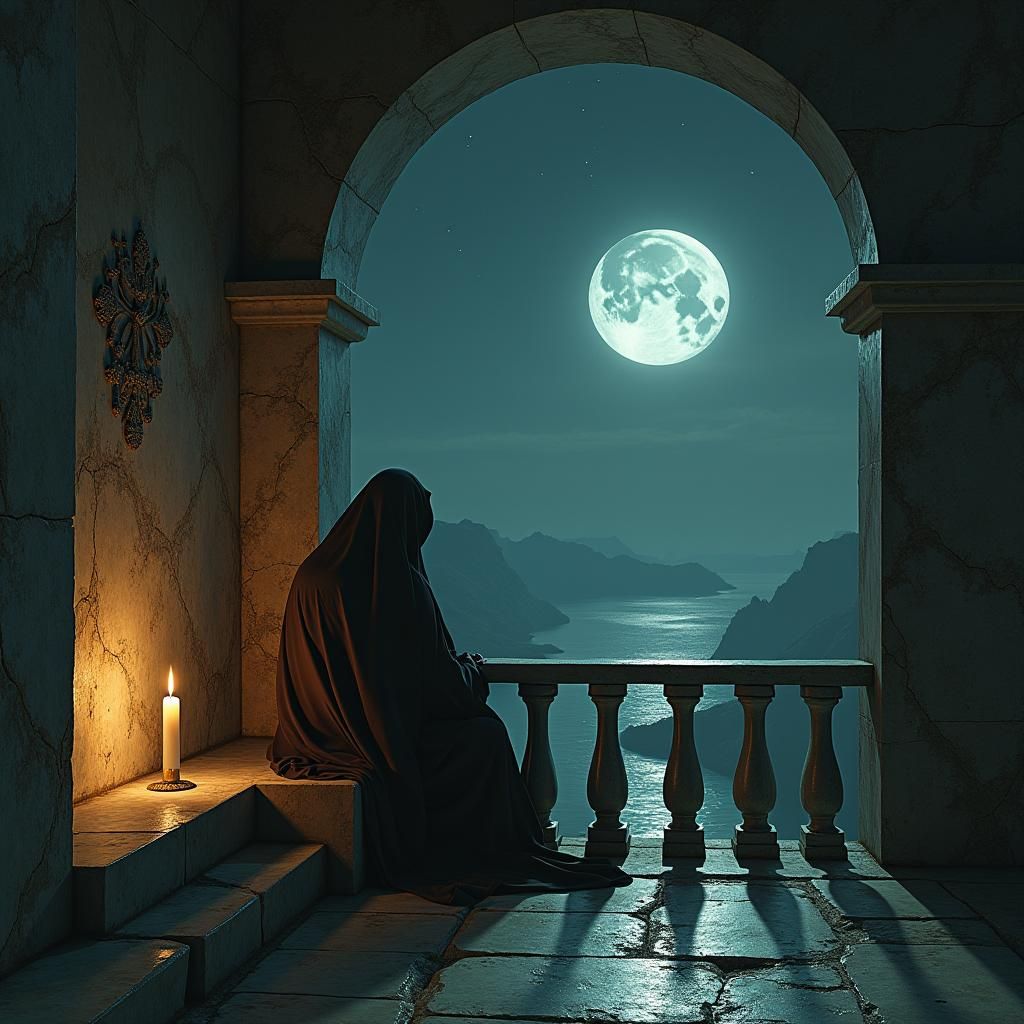 Mystical Figure on Moonlit Balcony in Dreamlike Realm