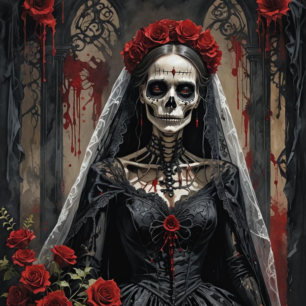 Gothic Horror Skeleton Bride in Blood-Soaked Scene
