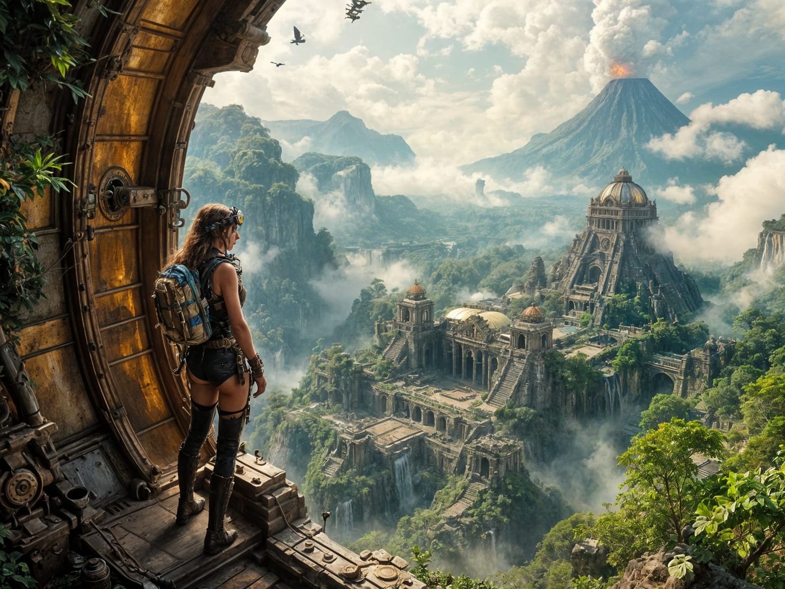 Steampunk Pilot Leaps from Majestic Flying Cathedral in Azte...