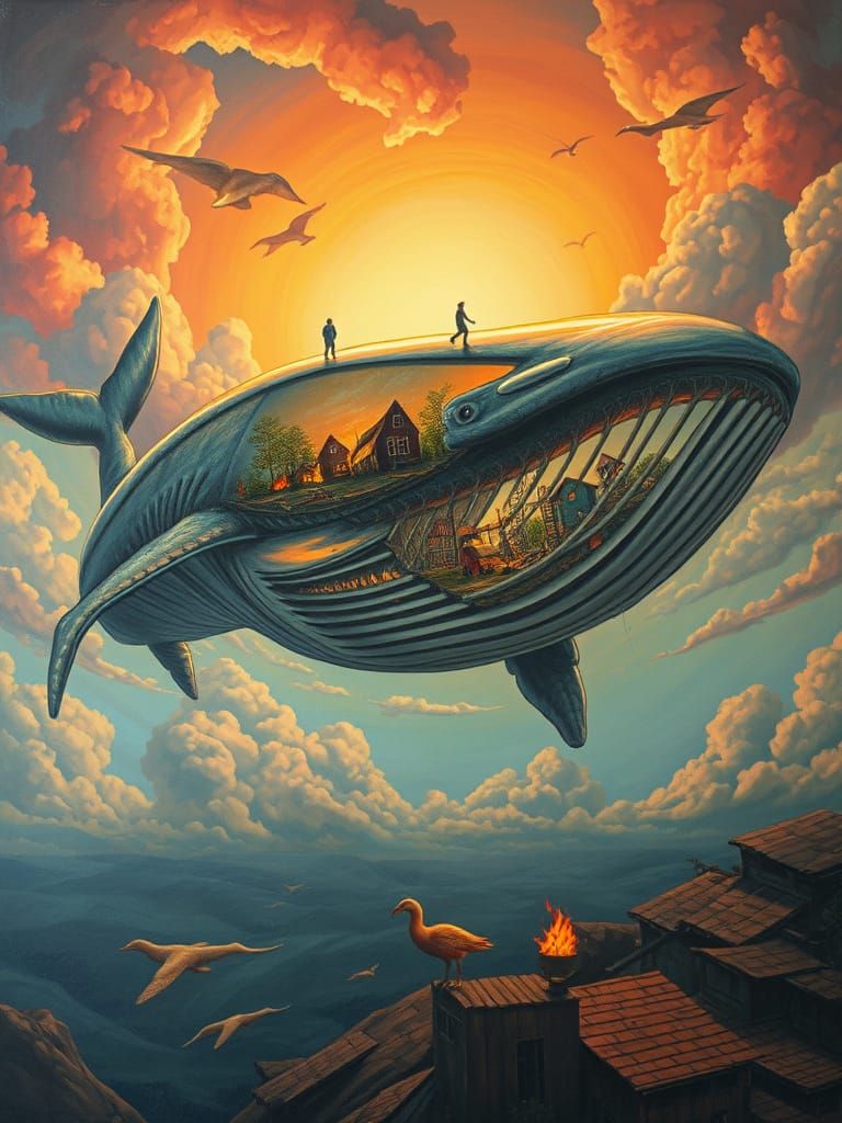 Translucent Whale Drifting Through Sunset Clouds