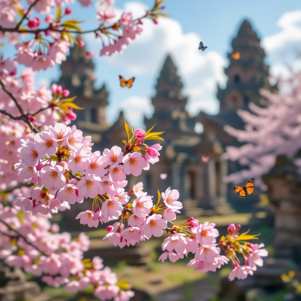 Cherry Blossoms Bloom Near Ancient Temples: Impressionist St...