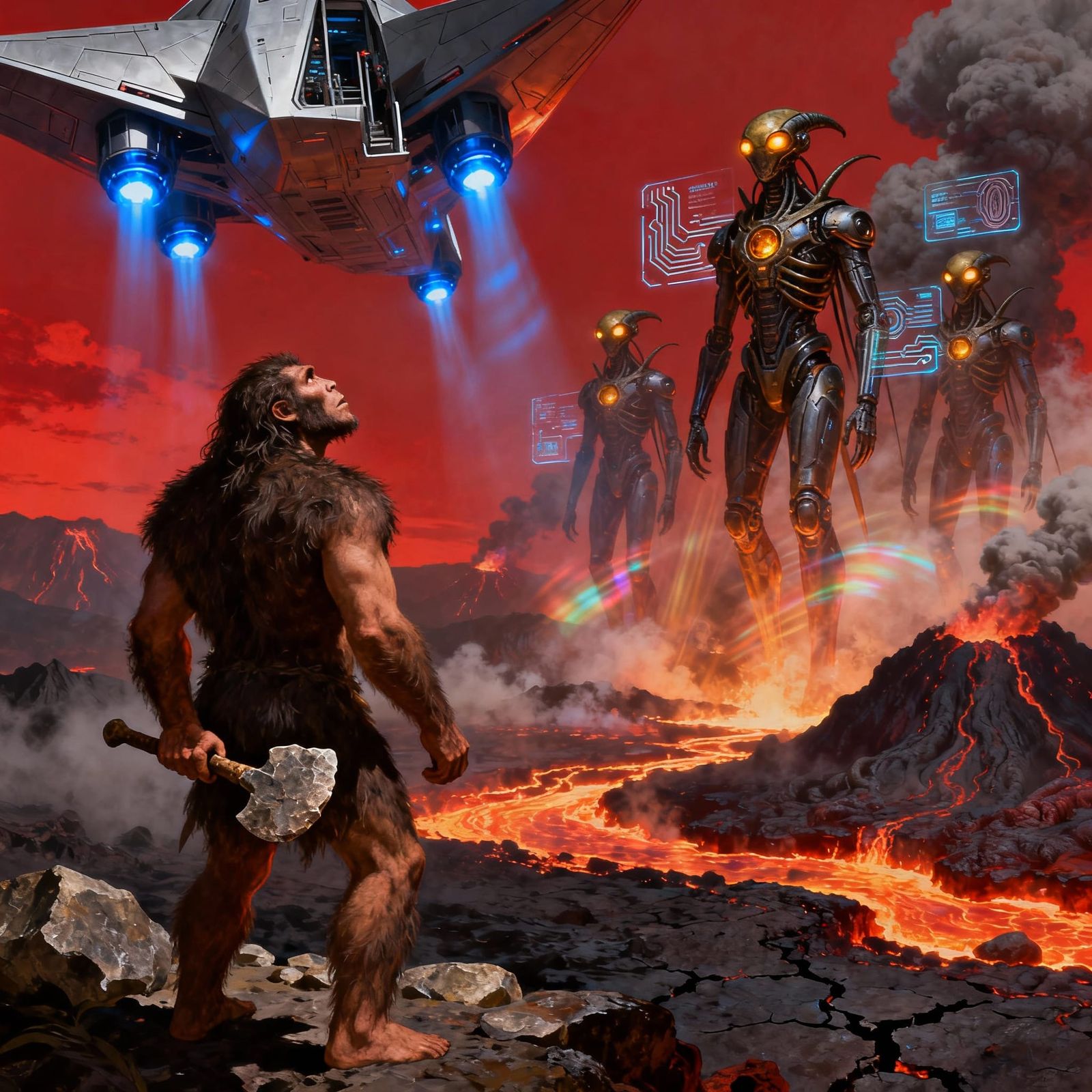 Homo Erectus Meets Anunnaki in Volcanic Landscape