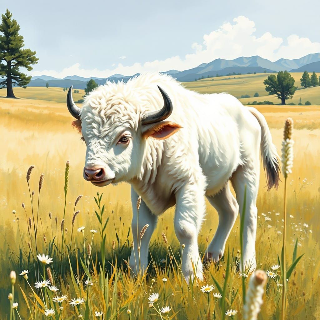 Majestic White Buffalo Calf in a Serene Meadow
