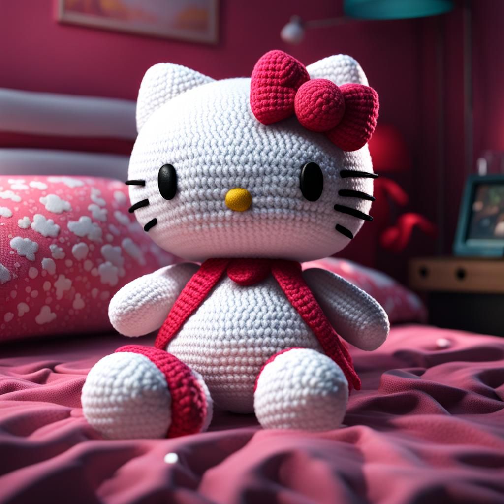 Crocheted Hello Kitty Plush Toy on Bed