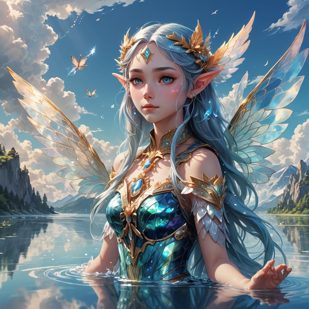 Elf Fairy Flying Over Crystal Lake: Anime Digital Art