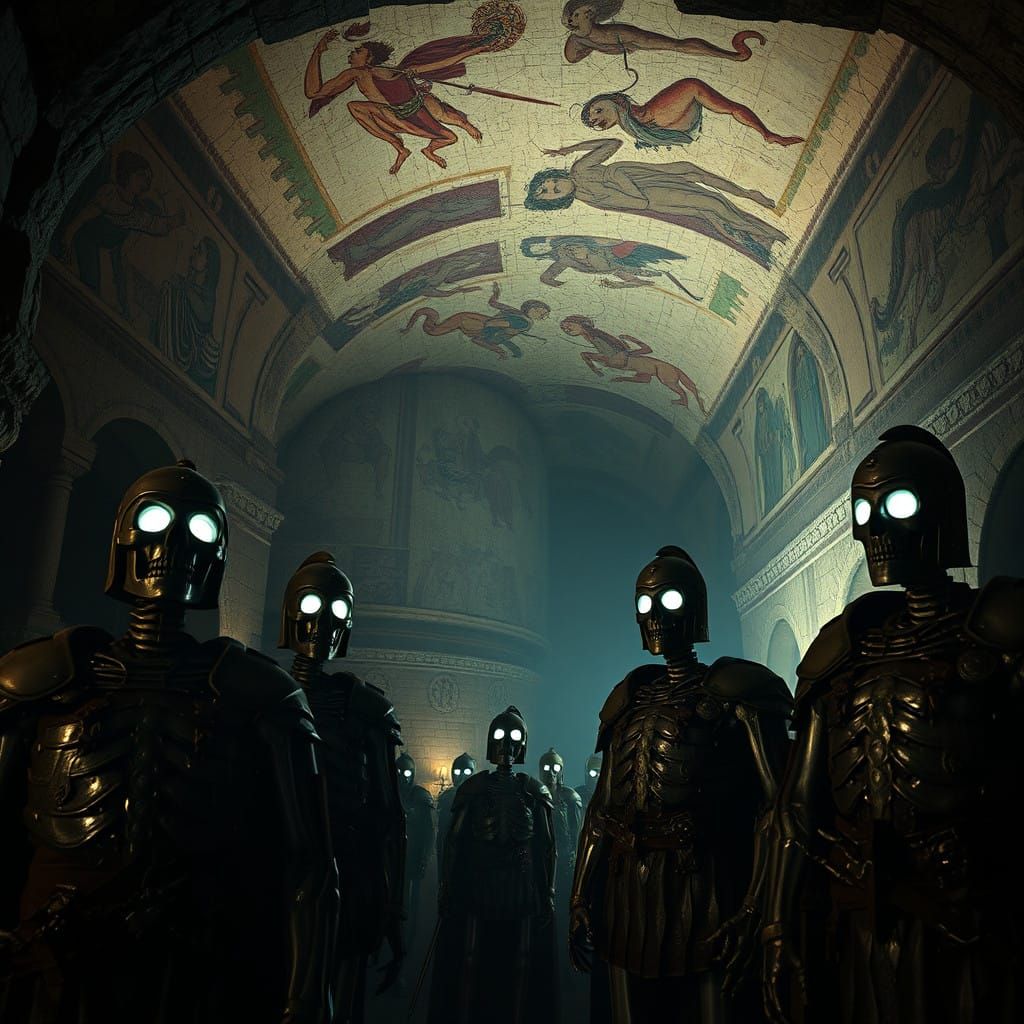 Etruscan Dungeon with Eerie Frescoes and Skeletal Warriors