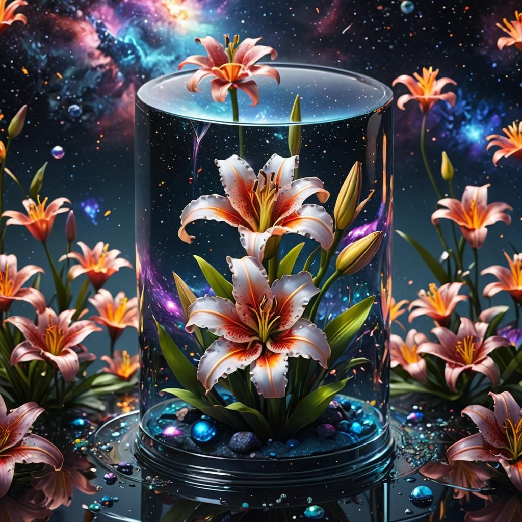 Cosmic Lily in Glass Cylinder: Fantasy Art