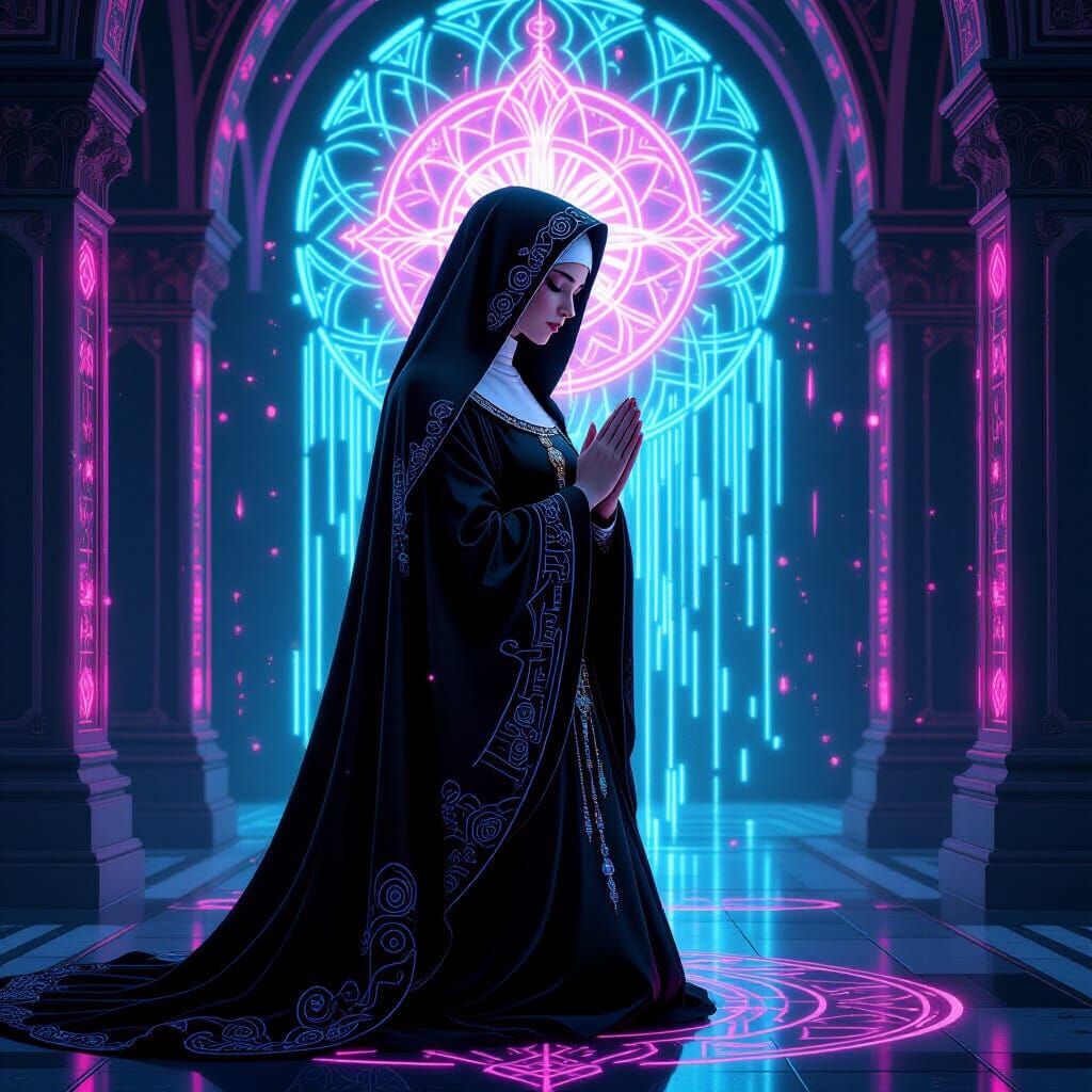 Cyberpunk Nun Praying in Neon Cloister: Stained Glass Style