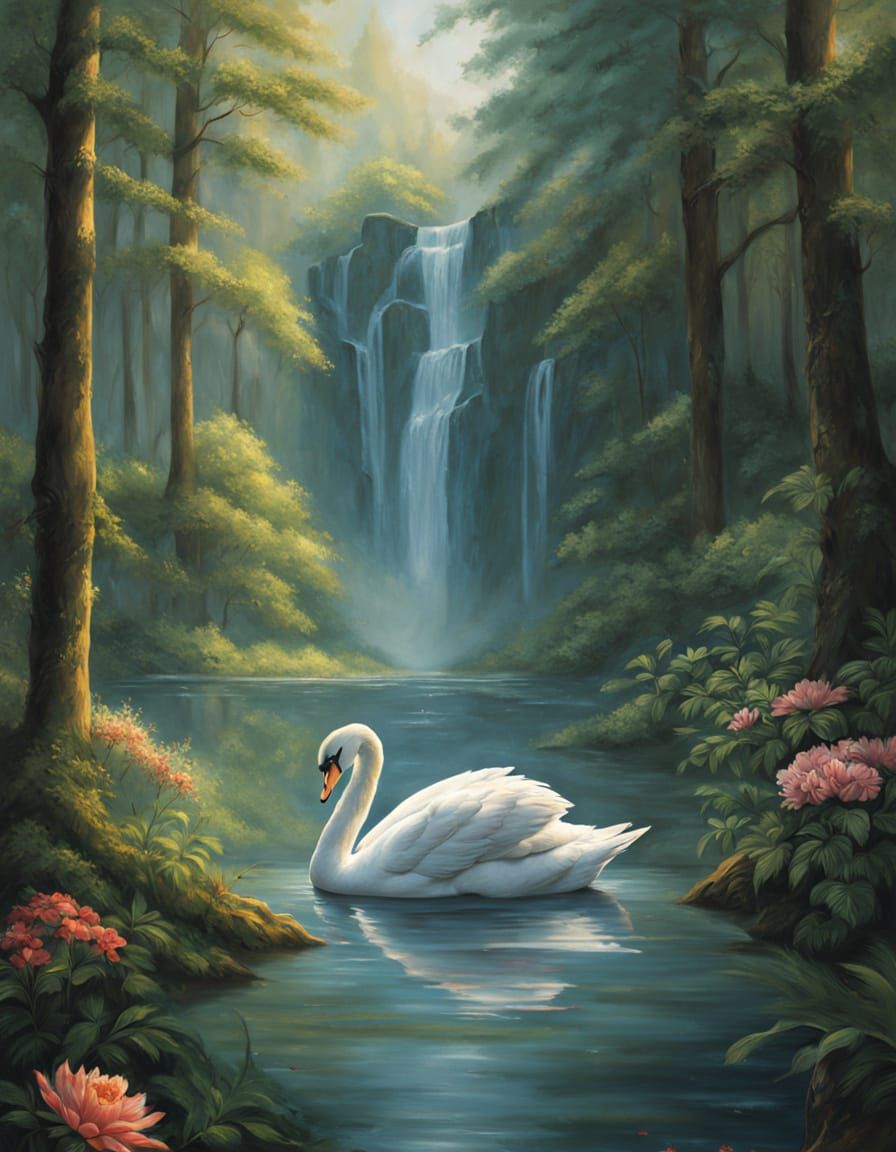 Hyper Realistic Fairytale Forest with Swan in Serene Lake