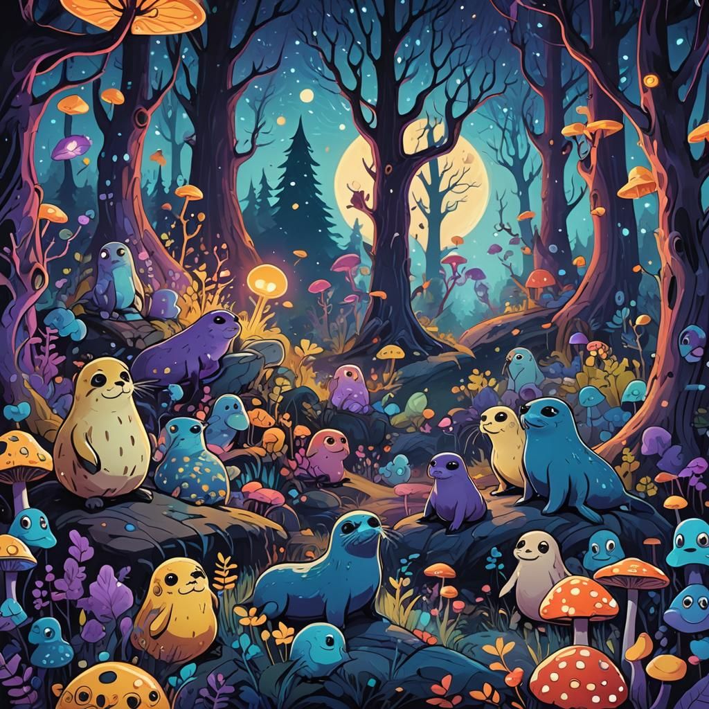 Cartoon Seal and Bee Monsters in Mystical Forest