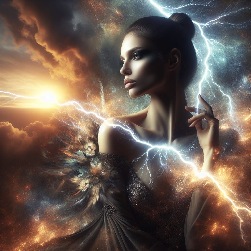Woman in Dramatic Lightning Storm Digital Painting
