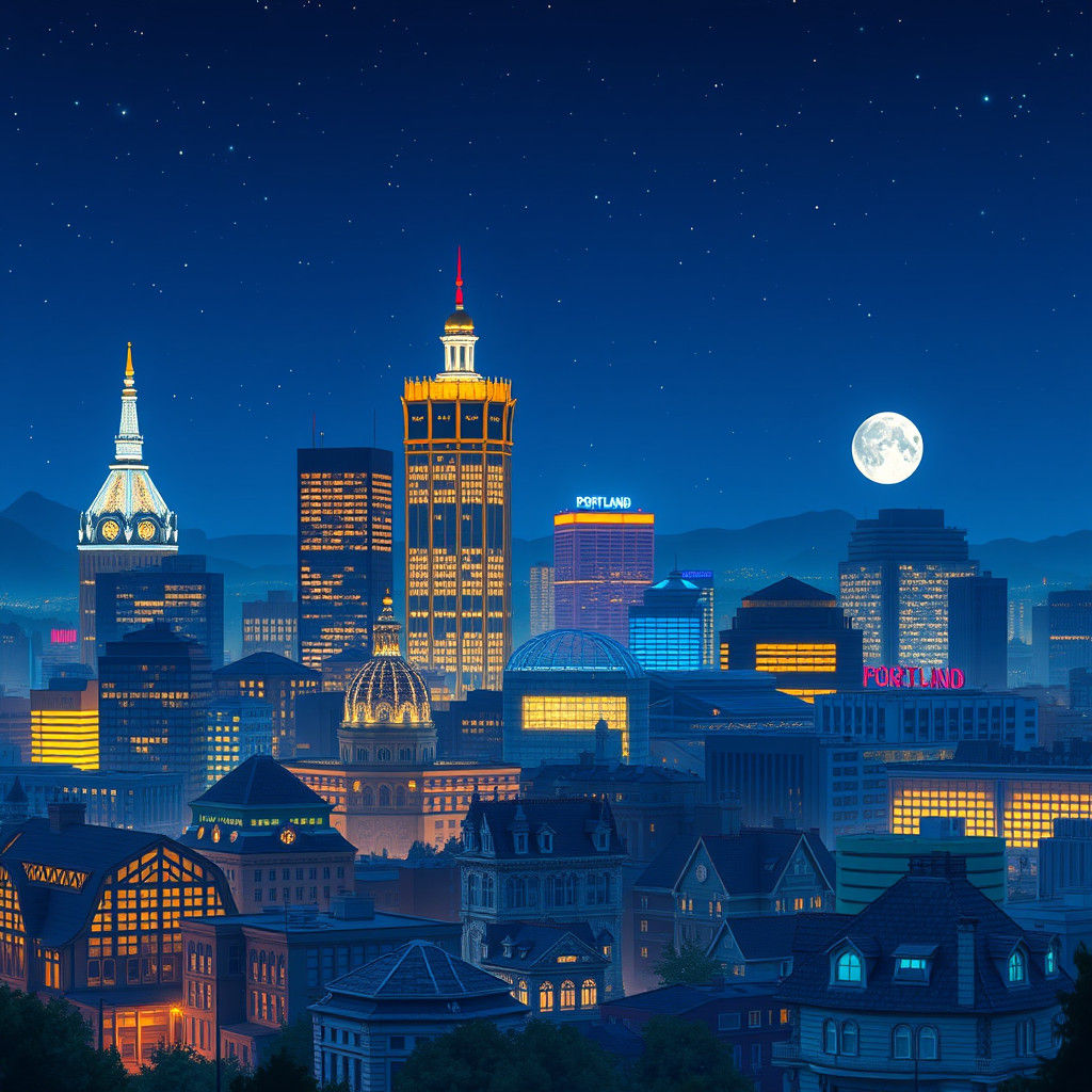 Portland Skyline at Night in Studio Ghibli Style