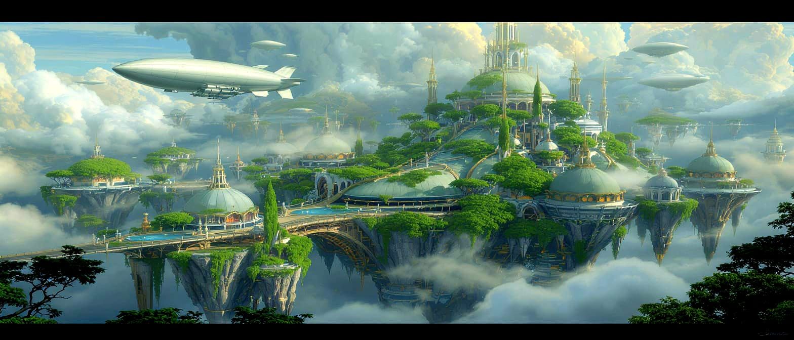 Futuristic Utopian Floating City with Blimp