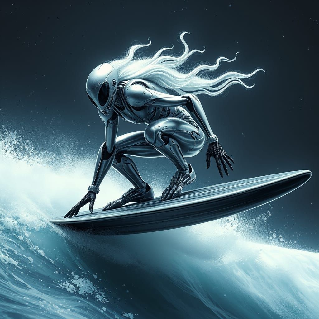 Platinum Biomechanical Surfer Riding Cosmic Wake