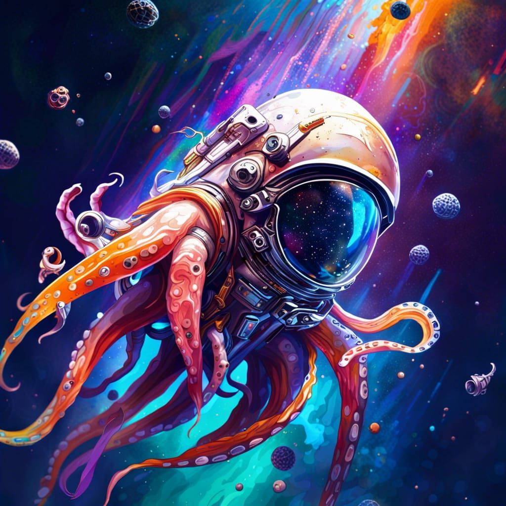 Astronaut Squid Floating in Space: Hyperrealistic Splash Art