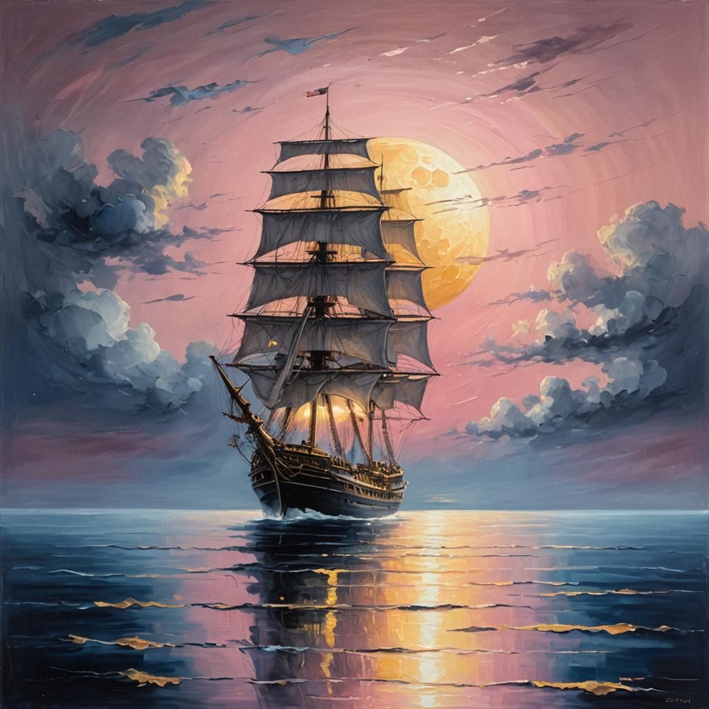 Ship Sails Under Colossal Moon: Romantic Oil Painting
