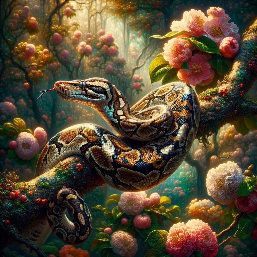 Python in Lush Garden, Baroque and Art Nouveau Style