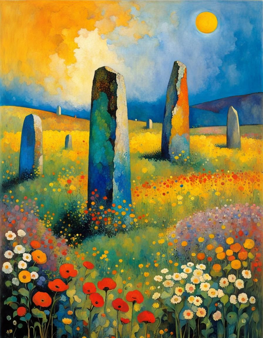 Standing Stones in Wildflowers: Cubist Impasto Art