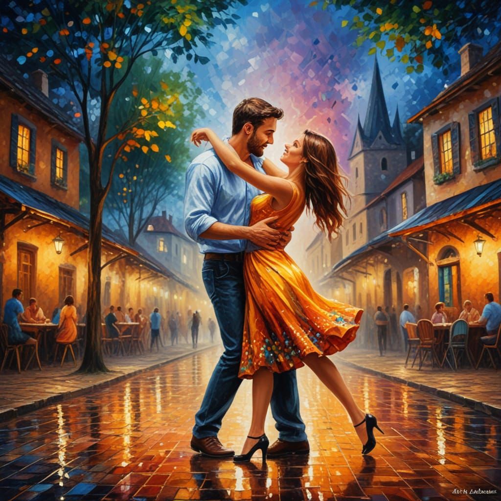 Vibrant Village Dance in Bold Oil Droplets