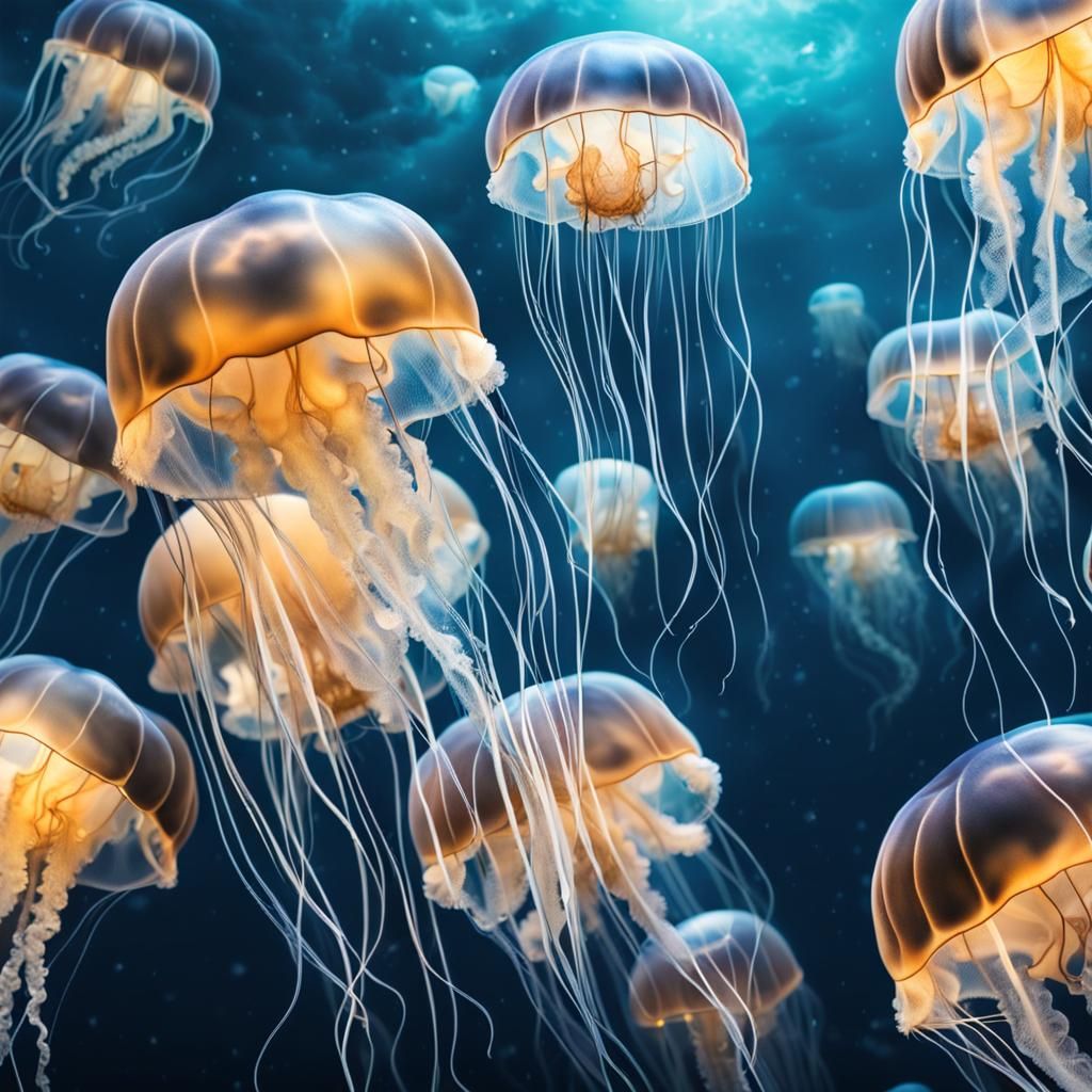 Hyperrealistic Swarm of Moon Jellyfish Macro