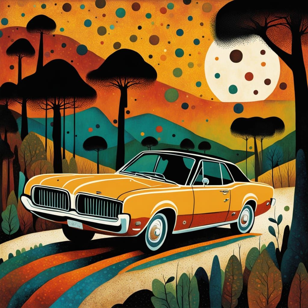 Vintage Mercury Cougar Roars Through Jungle in Dot Art Style