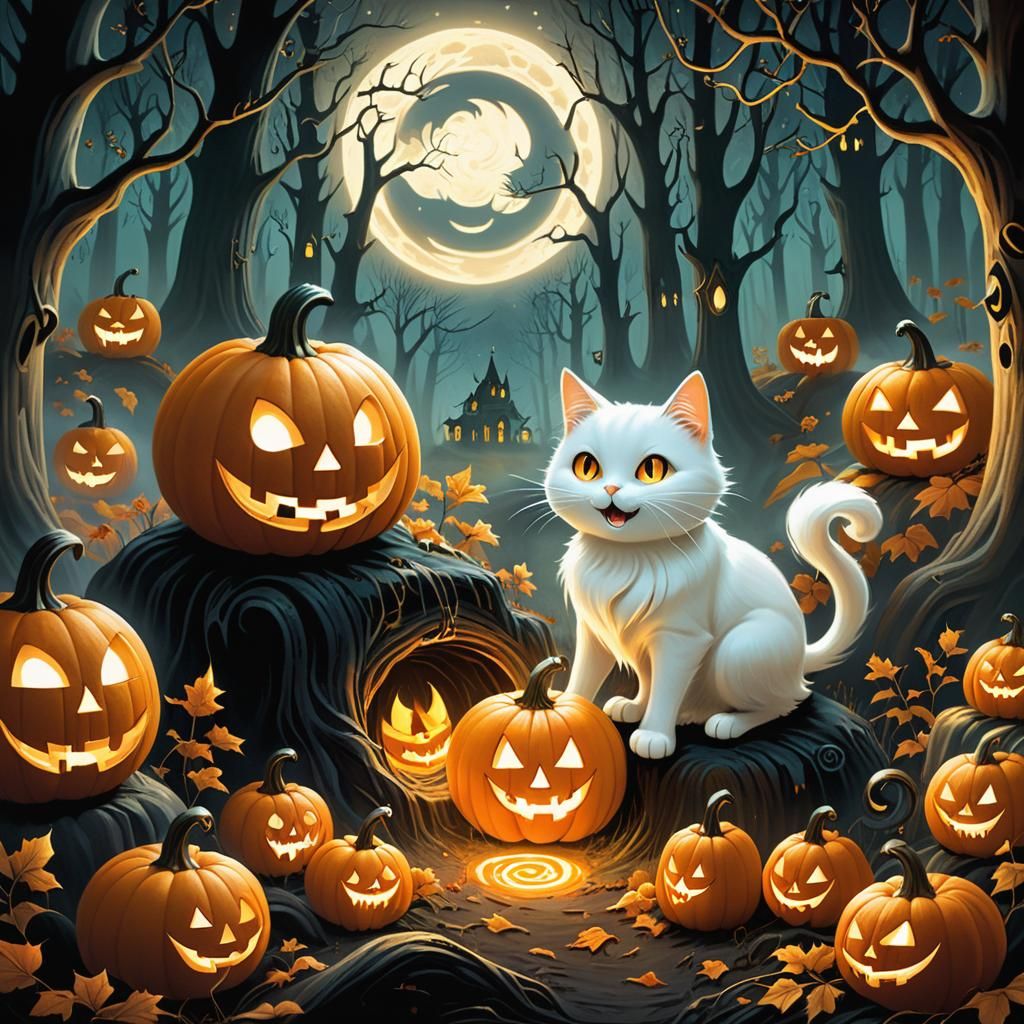 A cute cat mingling with jack-o-lanterns