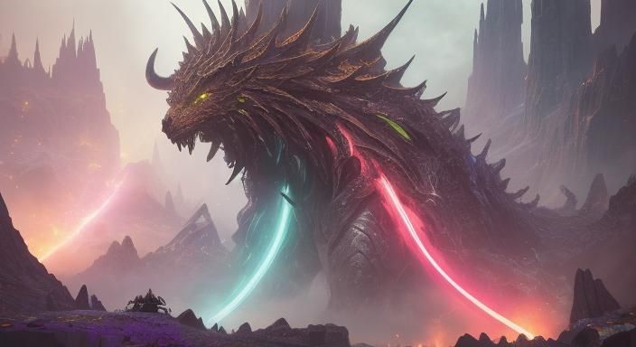 Epic Fantasy Cityscape with Neon Lights and Mist