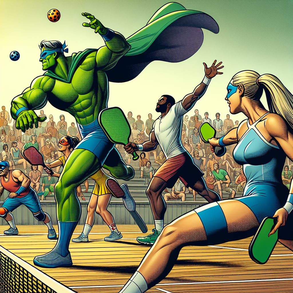 Superheroes Play Pickleball in Dynamic Scene