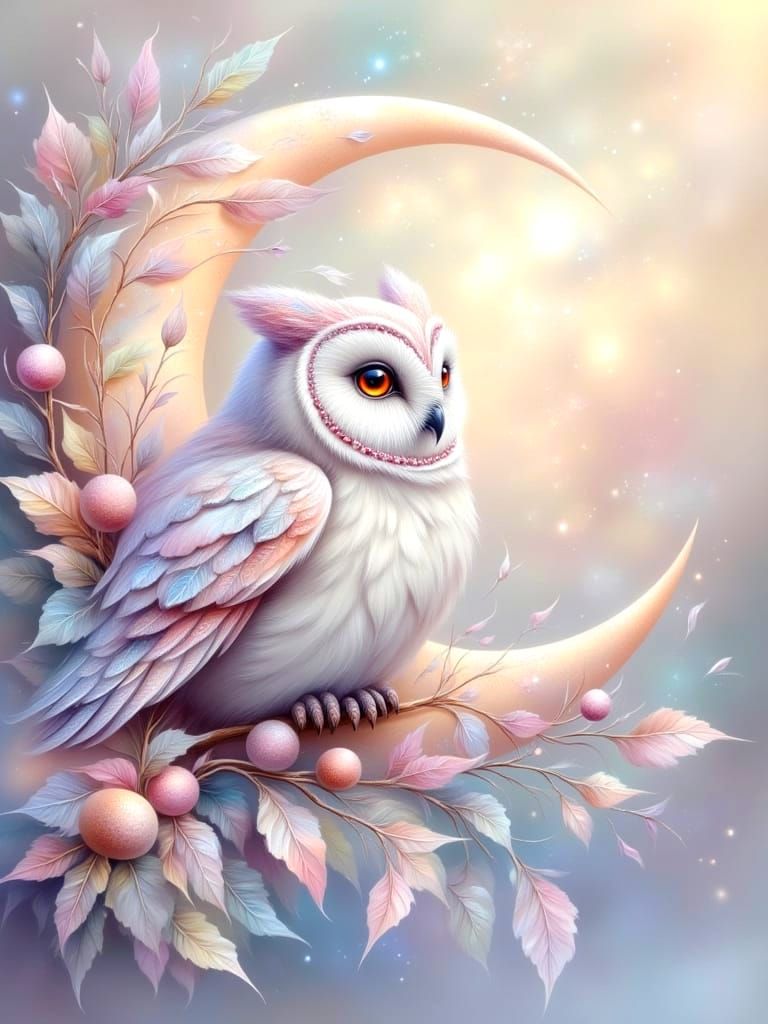 Pastel Owl on Crescent Moon in Dreamscape