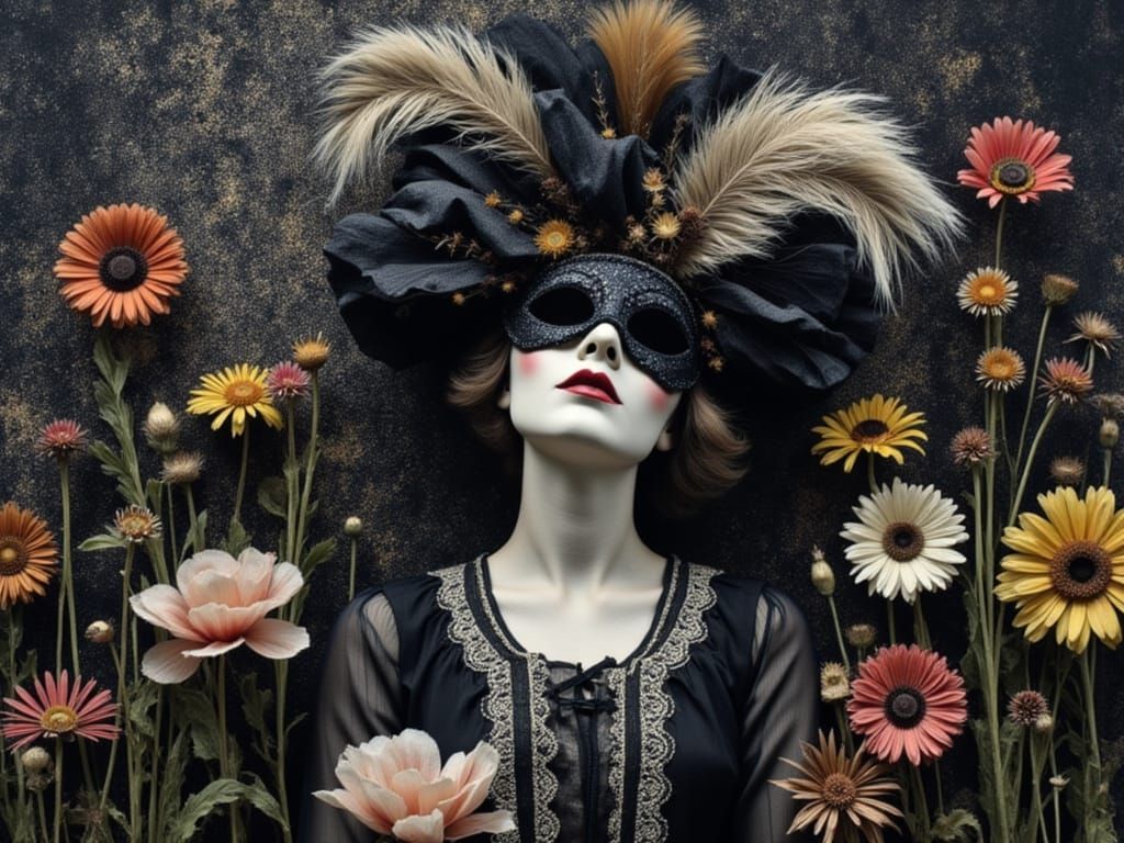 Bohemian Carnival Mask with Floral Collage in German Express...