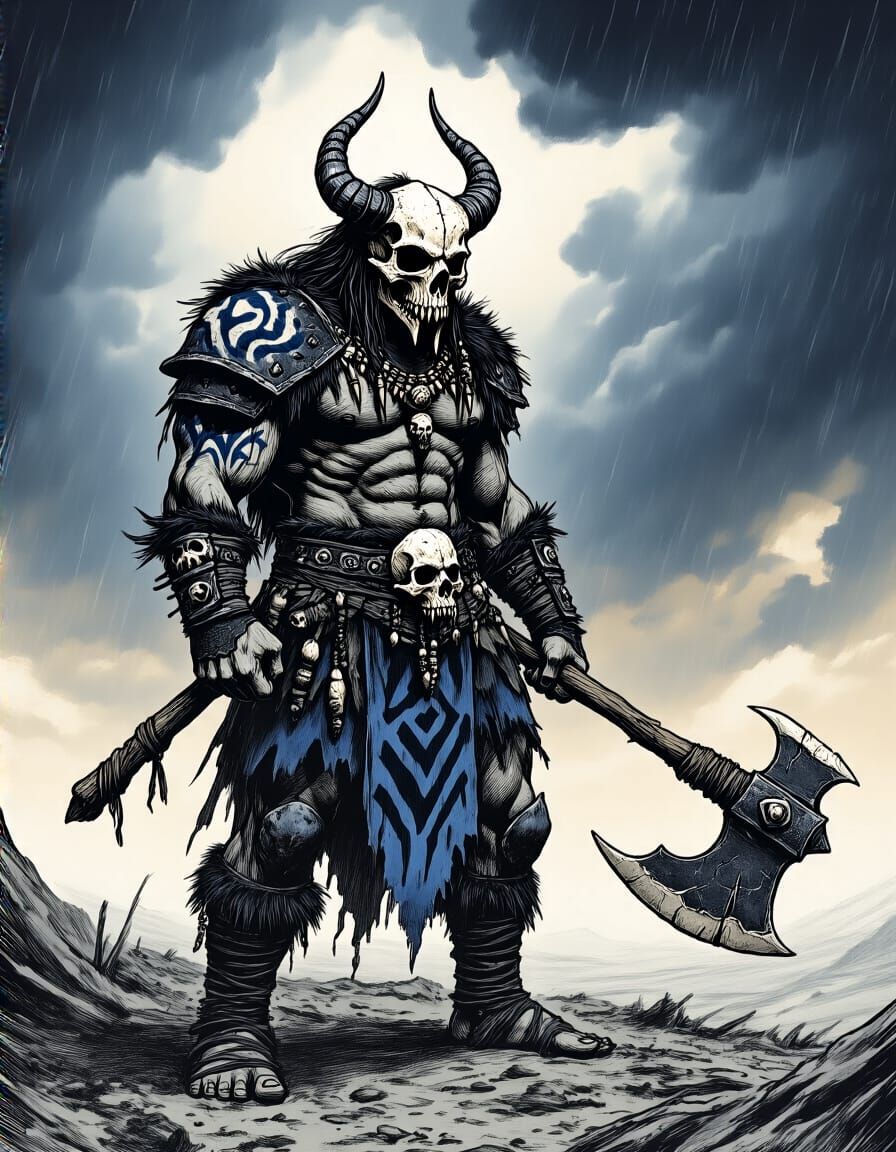 Demon Barbarian Surveys Desolate Battlefield in Pen-and-Ink ...