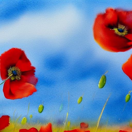 Vibrant Watercolour Poppies in a Breezy Field