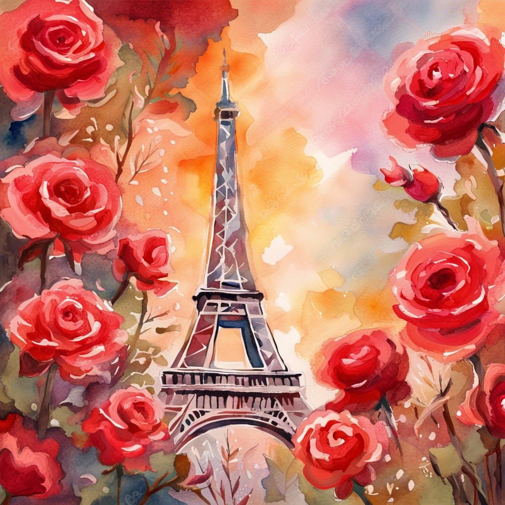 Paris with Red Roses, Gouache Watercolor Painting