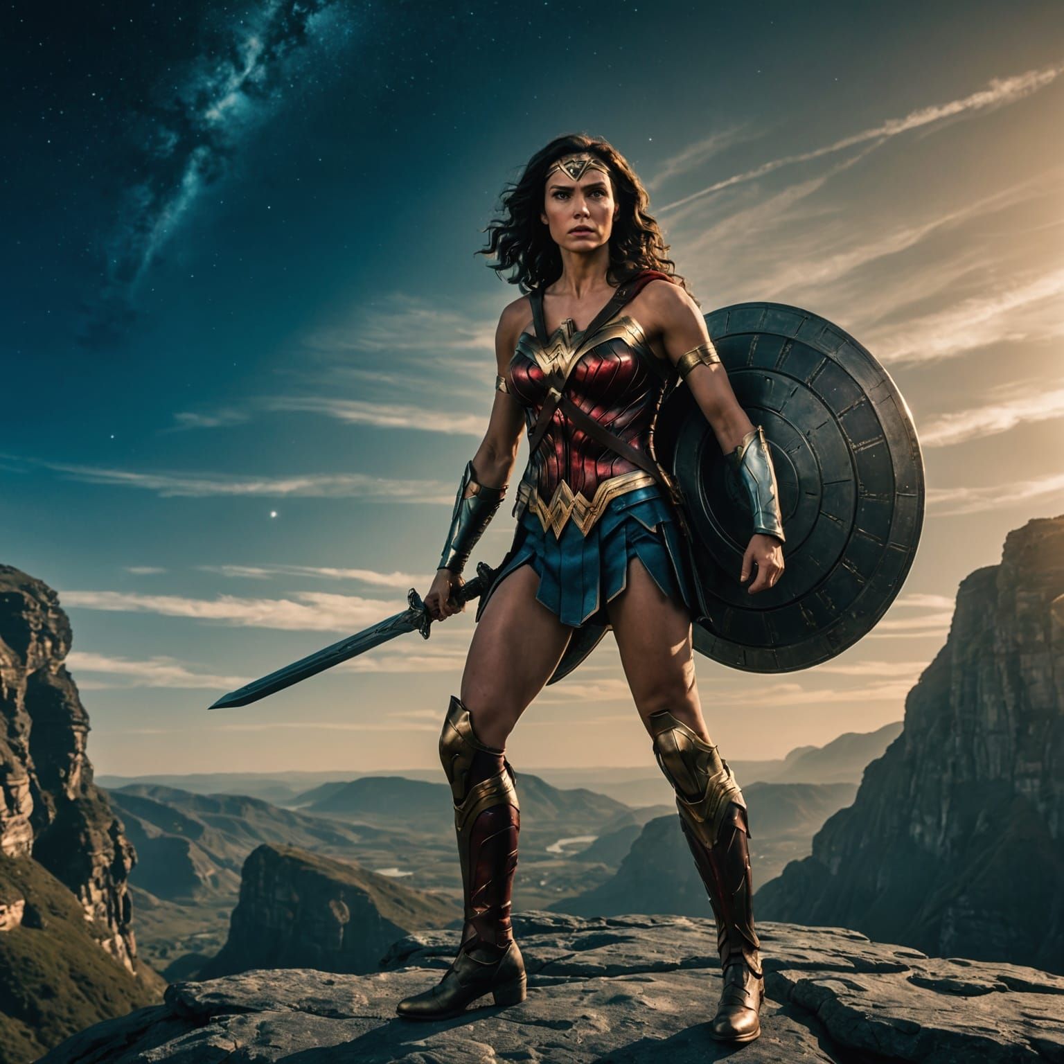 Alien Wonder Woman: Camera Angle: Heroic perspective shot, h...