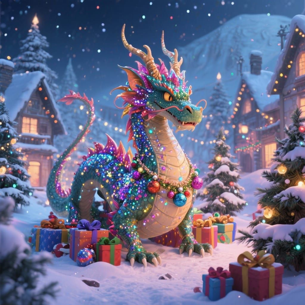 Festive Dragon in Snowy Village, Miyazaki-Inspired