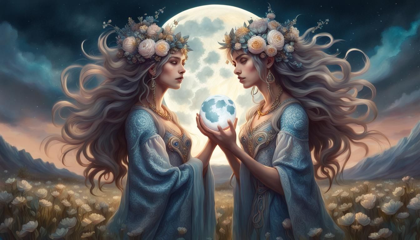 Fantasy Cloud Sorceress with Moon in Flower Field