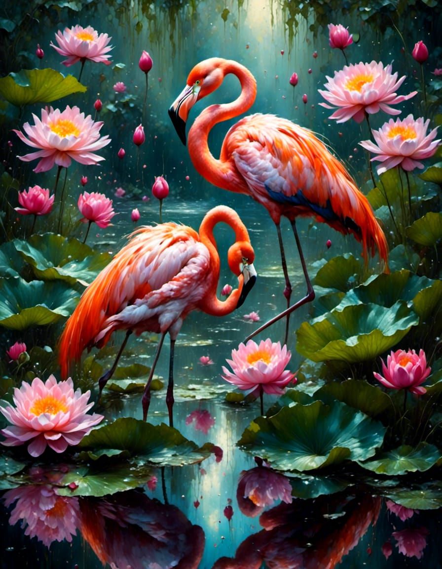 Flamingo and Lotus Pond as Impasto Gouache Painting