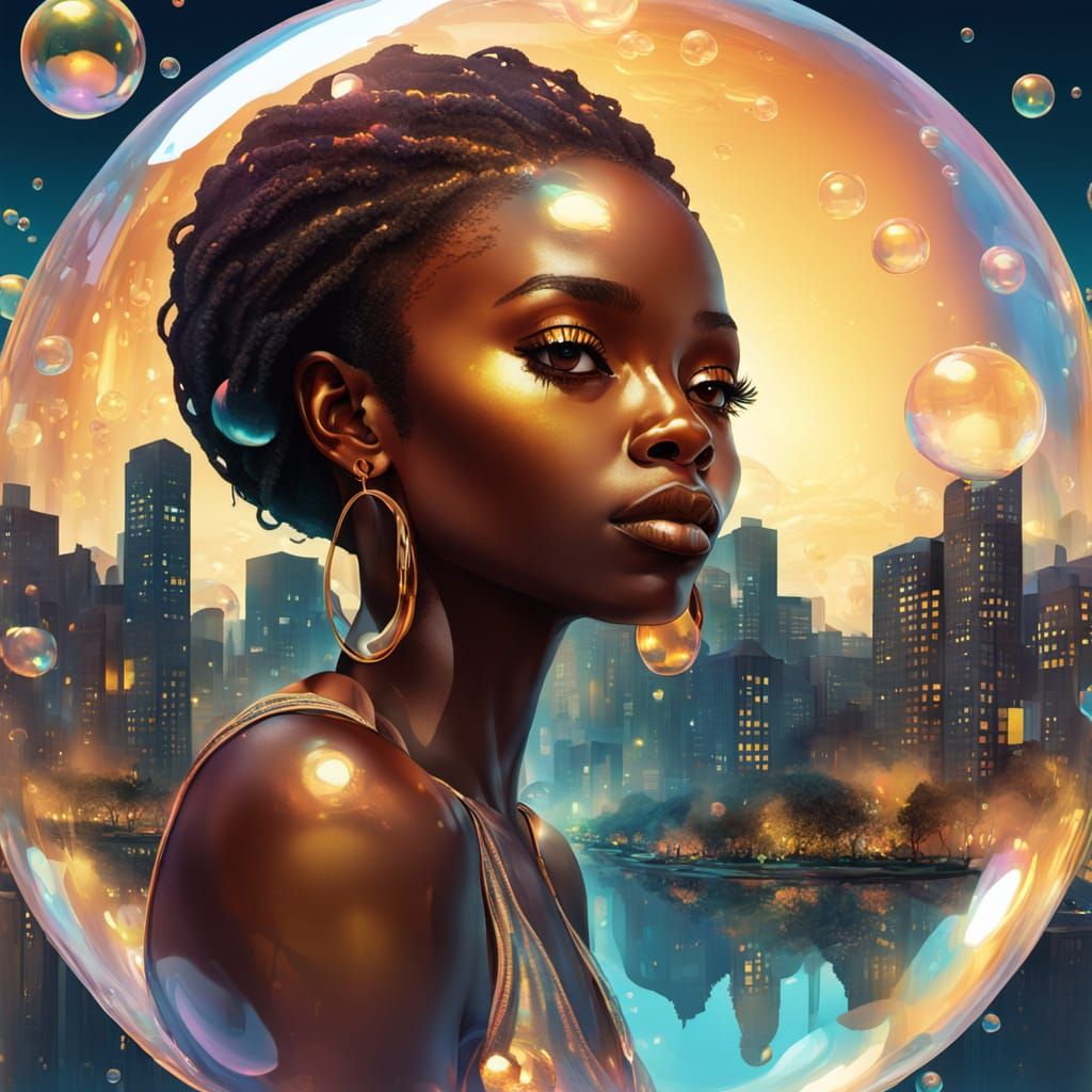 Woman in Bubble Floating Above City: Surreal Digital Art