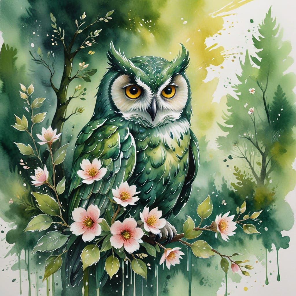 Celestial Owl in Spring Woodland: Wet-on-Wet Watercolor