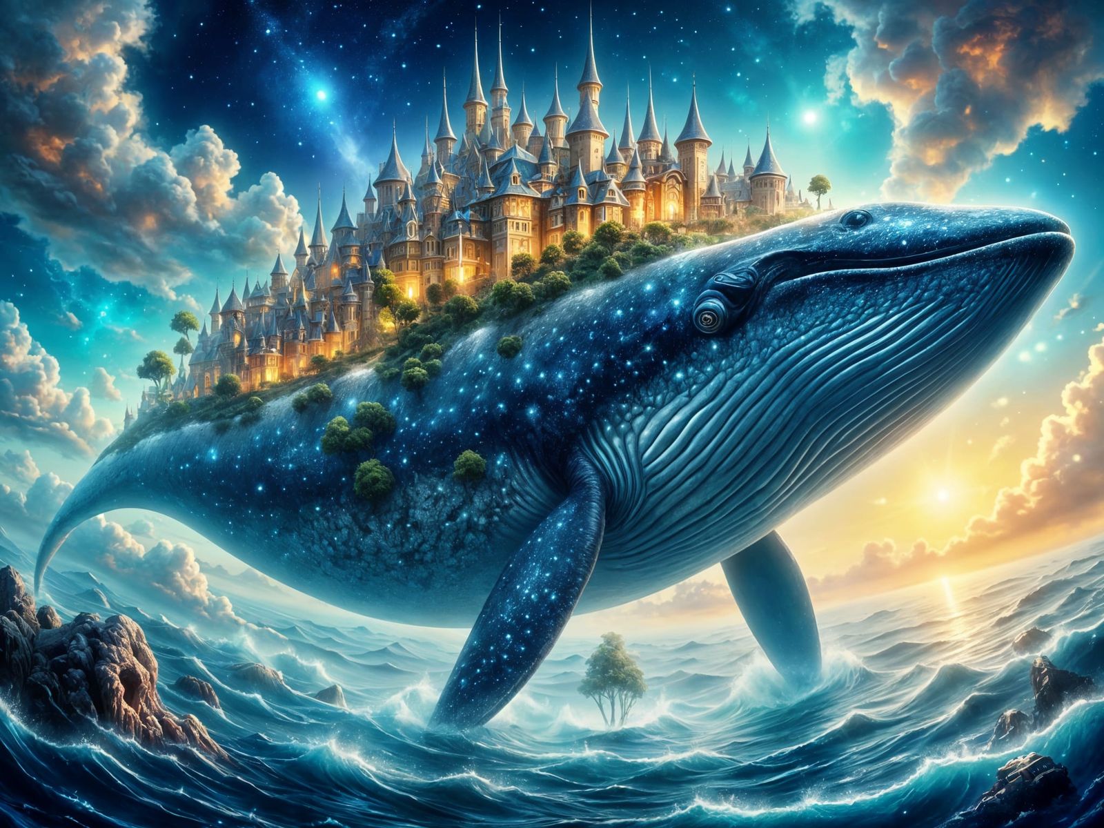 Whimsical Whale City in Ethereal Night Sky