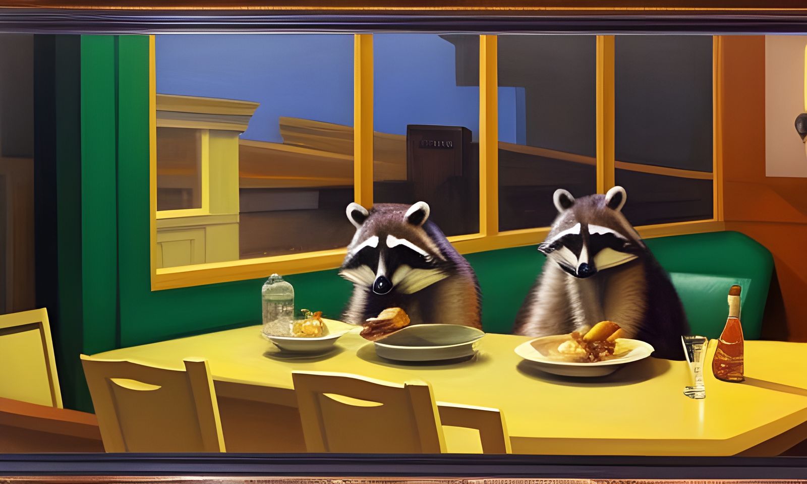 Raccoon Dining: An Edward Hopper Homage