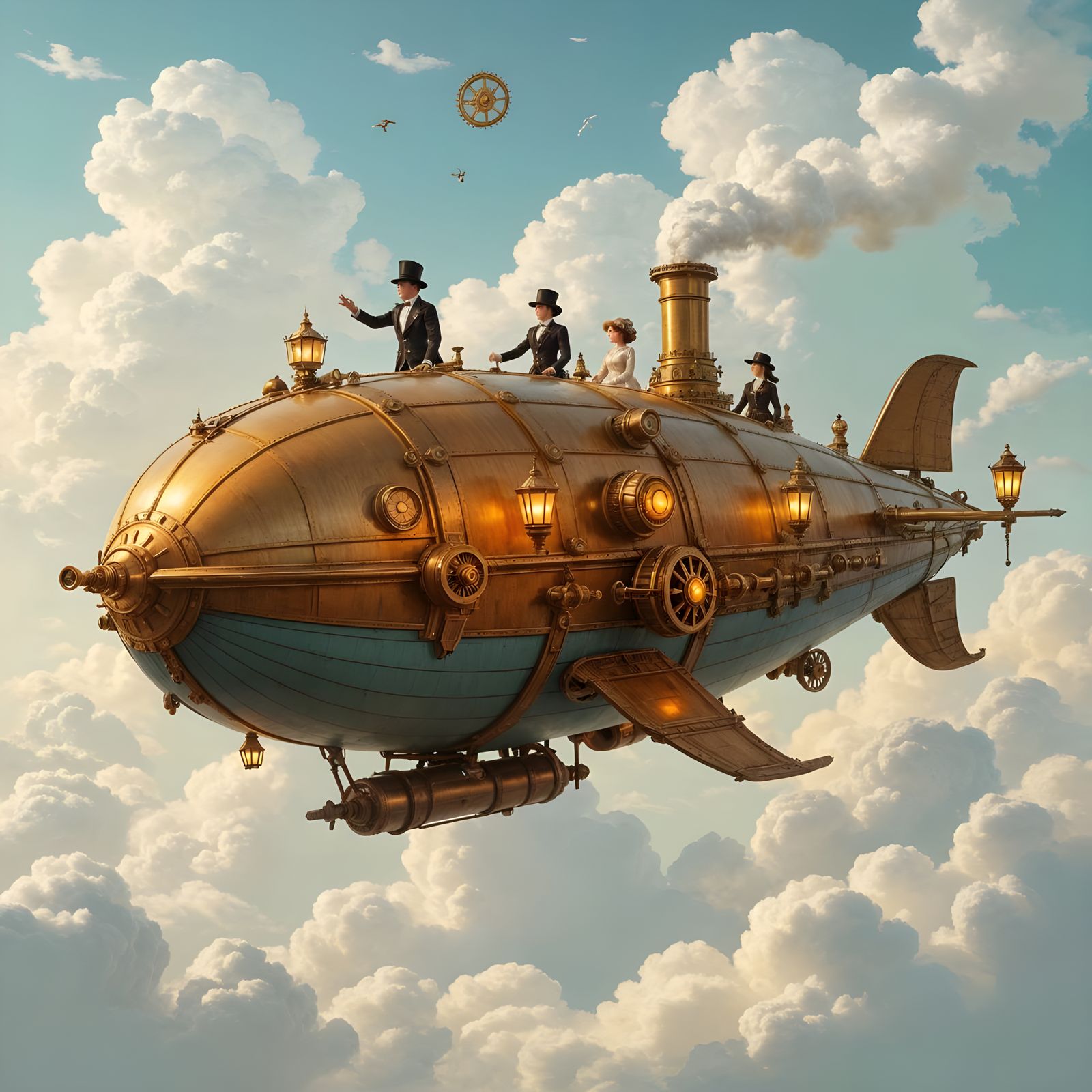 Steampunk Whale Airship Soaring Through Gear-Filled Sky