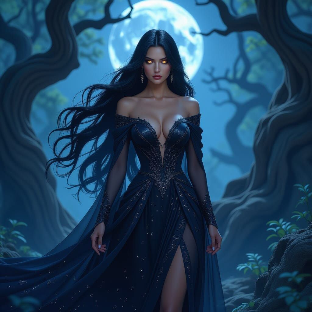 Mysterious Woman in Moonlit Forest, Mucha-Inspired