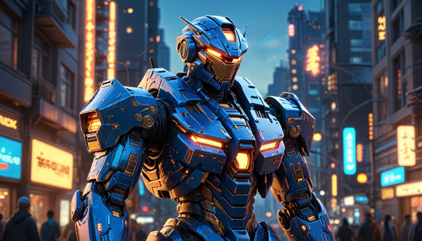 Vibrant Neon Mecha in Golden Hour Cityscape