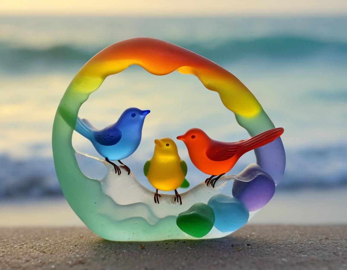 Handcrafted Sea Glass Rainbow Birds in Ethereal Setting