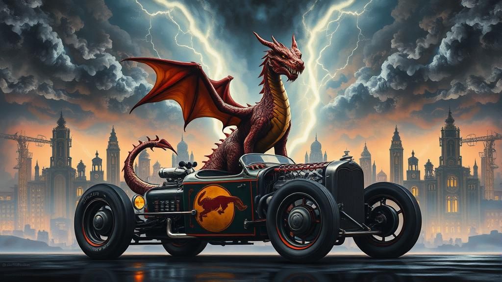 Dragon on Hot Rod in Dreamlike Cityscape