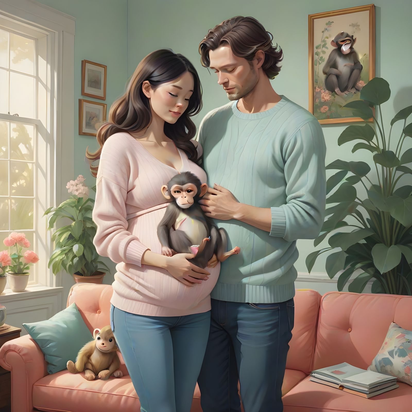 Surreal Whimsy: A Pregnant Woman and Her Monkey-Human Husban...