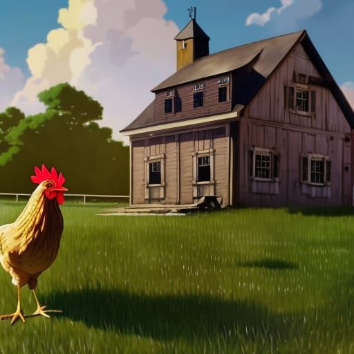 Chicken at Farmhouse in Studio Ghibli Anime Style
